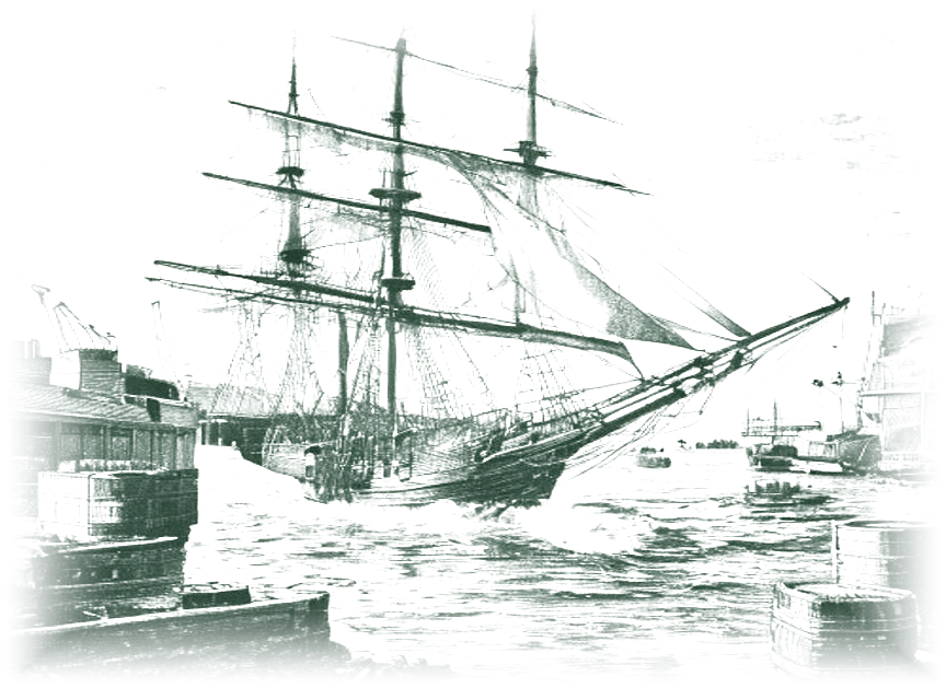 Clipper ship under sail at a harbor wharf, engraving