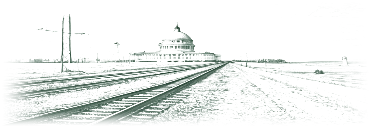 Vintage engraving: a straight railroad track crossing open plains toward the Capitol dome on the horizon